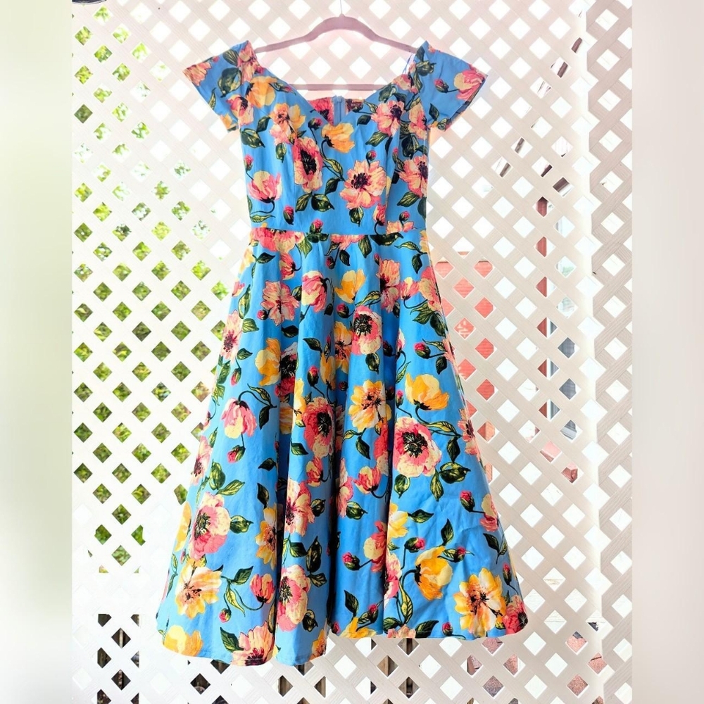 New With Tags British Retro Blue, Pink, & Yellow Floral Full Circle Dress